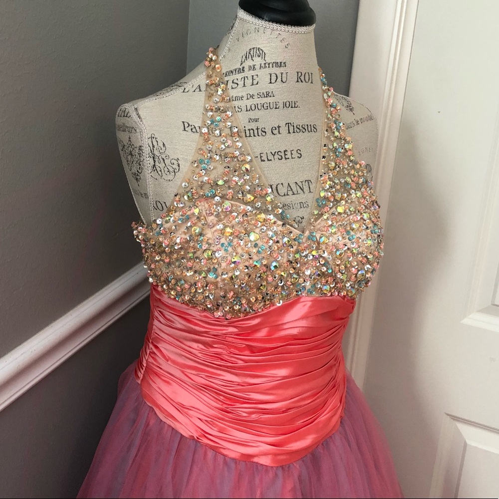 NEW FAVIANA SZ 14 BEADED SATIN TULLE HALTER BALL GOWN - Picture 6 of 13